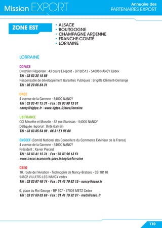 Annuaire des
PARTENAIRES EXPORTMission EXPORT
110
ZONE EST
• ALSACE
• BOURGOGNE
• CHAMPAGNE ARDENNE
• FRANCHE-COMTÉ
• LORRAINE
LORRAINE
COFACE
Direction Régionale : 43 cours Léopold - BP 80513 - 54008 NANCY Cedex
Tél : 03 83 35 18 56
Responsable de développement Garanties Publiques : Brigitte Clément-Demange
Tél : 06 20 66 84 31
DRCE
4 avenue de la Garenne - 54000 NANCY
Tél : 03 83 41 15 31 - Fax : 03 83 90 13 61
nancy@dgtpe.fr - www.dgtpe.fr/drce/lorraine
UBIFRANCE
CCI Meurthe et Moselle - 53 rue Stanislas - 54000 NANCY
Déléguée régional : Birte Gallrein
Tél : 03 83 85 54 98 - 06 31 51 96 08
CNCCEF (Comité National des Conseillers du Commerce Extérieur de la France)
4 avenue de la Garenne - 54000 NANCY
Président : Xavier Pierard
Tél : 03 83 41 15 31 - Fax : 03 83 90 13 61
www.tresor.economie.gouv.fr/region/lorraine
OSEO
10, route de l’Aviation - Technopôle de Nancy-Brabois - CS 10110
54602 VILLERS-LES-NANCY cedex
Tél : 03 83 67 46 74 - Fax : 01 41 79 92 15 - nancy@oseo.fr
6, place du Roi George - BP 107 - 57004 METZ Cedex
Tél : 03 87 69 03 69 - Fax : 01 41 79 92 87 - metz@oseo.fr
 