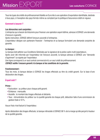 Les solutions COFACEMission EXPORT
55
Tous les types de crédits de préﬁnancement libellés en Euro liés à une opération d’exportation identiﬁable, destinée
à tous pays, à l’exception des pays fermés même au comptant par la politique d’assurance-crédit en vigueur.
Comment s’assurer ?
Les démarches sont conjointes :
L’entreprise qui a besoin de trésorerie pour ﬁnancer une opération export déﬁnie, adresse à COFACE une demande
d’encours à garantir.
Après instruction, COFACE déﬁnit l’encours accordé à l’entreprise.
L’exportateur désigne son partenaire ﬁnancier : l’entreprise et sa banque formulent une demande conjointe de
garantie.
La banque :
La banque doit adhérer aux Conditions Générales par la signature de la police cadre multi exportateurs.
Après avoir été informée par l’exportateur de l’encours accordé, la banque adresse à COFACE une “demande
d’agrément” co-signée par l’exportateur.
Une ligne correspond à un seul contrat commercial et à un seul crédit de préﬁnancement.
COFACE notiﬁe l’encours garanti à la banque et les conditions de la garantie.
Fonctionnement :
Tous les mois, la banque déclare à COFACE les tirages effectués au titre du crédit garanti. Sur la base d’une
déclaration des tirages.
À quel coût ?
Prime :
• Facturation : au prêteur pour chaque prêt garanti.
• Échéance : mensuelle.
• Assiette : le montant des tirages effectués et déclarés.
• Taux : rémunération du prêteur sur la quotité garantie de chaque prêt, déduction faite d’une commission de
gestion ﬁxée à 10 %.
Aucun frais n’est facturé à l’exportateur.
Après déclaration des tirages effectués, la banque rétrocède à COFACE 90 % de la marge qu’elle perçoit à hauteur
de la quotité garantie.
 