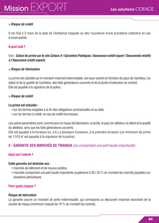 Les solutions COFACEMission EXPORT
64
> Risque de crédit
Il est ﬁxé à 3 mois de la date de l’échéance impayée ou dès l’ouverture d’une procédure collective en cas
d’insolvabilité.
À quel coût ?
Voir : Calcul de prime sur le site Coface.fr / Garanties Publiques / Assurance-crédit export / Documents relatifs
à l’Assurance-crédit export).
> Risque de fabrication
La prime est calculée sur le montant maximal indemnisable, son taux variant en fonction du pays de l’acheteur, du
statut et de la qualité de l’acheteur, des faits générateurs couverts et de la durée d’exécution du contrat.
Elle est payable à la signature de la police.
> Risque de crédit
La prime est calculée :
• sur les termes exigibles à la ﬁn des obligations contractuelles et au-delà,
• sur les termes à crédit, en cas de crédit fournisseur.
Les autres paramètres sont, comme pour le risque de fabrication, la durée, le pays du débiteur, le statut et la qualité
du débiteur, ainsi que les faits générateurs couverts.
Elle est payable à la livraison ou, s’il y a plusieurs livraisons, à la première livraison (un minimum de prime
de 1 515 € est payable à la signature de la police).
2 - GARANTIE DES MARCHÉS DE TRAVAUX (ou comportant une part locale importante)
Quel est l’intérêt ?
Cette garantie est destinée aux :
• marchés de bâtiment et de travaux publics.
• marchés comportant une part locale importante (supérieure à 20 / 25 % du montant du marché) payables sur
situations périodiques.
Pour quels risques ?
Risque de fabrication
La garantie couvre un montant de perte indemnisable, qui correspond au découvert maximal ressortant de la
courbe de risque (minimum imposé de 10 % du montant du contrat).
 