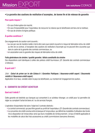 Les solutions COFACEMission EXPORT
70
• La garantie des cautions de restitution d’acomptes, de bonne ﬁn et de retenue de garantie
Pour quels risques ?
• En cas d’interruption de marché,
• En cas d’impossibilité pour l’exportateur de recouvrer la créance que le bénéﬁciaire est tenu de lui restituer,
• En cas de sinistre d’origine politique.
À quelles conditions ?
Ces engagements de caution sont couverts :
• au cas par cas de manière isolée c’est-à-dire sans que soient couverts le risque de fabrication et/ou de crédit
au titre de ce contrat, à l’exception des cautions de restitution d’acompte qui ne peuvent être couvertes que
dans le cadre de la garantie des contrats commerciaux, ou
• en association avec la garantie des risques de fabrication et/ou de crédit.
Faits générateurs de sinistre / quotité garantie / délais constitutifs de sinistre
Ces dispositions sont identiques à celles des polices crédit fournisseur (Cf. Garantie des contrats commerciaux
ci-dessus).
À quel coût ?
(Voir : Calcul de prime sur le site Coface.fr / Garanties Publiques / Assurance-crédit export / Documents
relatifs à l’Assurance-crédit export).
Application d’un taux, variable selon le pays du bénéﬁciaire, au montant de l’engagement de caution.
6 - GARANTIE DU CRÉDIT ACHETEUR
Quel est l’intérêt ?
Cette garantie est destinée aux banques qui consentent à un acheteur étranger, un crédit pour lui permettre de
régler au comptant l’achat de biens et / ou de services français.
L’opération d’exportation fait alors l’objet de 2 contrats distincts :
• Le contrat commercial, qui peut être garanti au proﬁt de l’exportateur (Cf. Garantie des contrats commerciaux).
• La convention de crédit conclue entre la banque et l’emprunteur, qui déﬁnit les modalités d’utilisation des fonds
mis à disposition de l’emprunteur ainsi que leurs modalités de remboursement , le taux d’intérêt applicable et
les modalités de calcul des frais accessoires au crédit (commissions bancaires diverses).
 