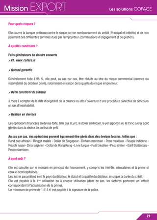 Les solutions COFACEMission EXPORT
71
Pour quels risques ?
Elle couvre la banque prêteuse contre le risque de non remboursement du crédit (Principal et Intérêts) et de non
paiement des différentes sommes dues par l’emprunteur (commissions d’engagement et de gestion).
À quelles conditions ?
Faits générateurs de sinistre couverts
> Cf. www.coface.fr
> Quotité garantie
Généralement ﬁxée à 95 %, elle peut, au cas par cas, être réduite au titre du risque commercial (carence ou
insolvabilité du débiteur privé), notamment en raison de la qualité du risque emprunteur.
> Délai constitutif de sinistre
3 mois à compter de la date d’exigibilité de la créance ou dès l’ouverture d’une procédure collective de concours
en cas d’insolvabilité.
> Gestion en devises
Les opérations ﬁnancées en devise forte, telle que l’Euro, le dollar américain, le yen japonais ou le franc suisse sont
gérées dans la devise du contrat de prêt.
Au cas par cas, des opérations peuvent également être gérés dans des devises locales, telles que :
Rand sud-africain - Ringgit malais - Dollar de Singapour - Dirham marocain - Peso mexicain - Roupie indienne -
Rouble russe - Dinar algérien - Dollar de Hong Kong - Livre turque - Real brésilien - Peso chilien - Baht thaïlandais -
Peso colombien.
À quel coût ?
Elle est calculée sur le montant en principal du ﬁnancement, y compris les intérêts intercalaires et la prime si
ceux-ci sont capitalisés.
Les autres paramètres sont le pays du débiteur, le statut et la qualité du débiteur, ainsi que la durée du crédit.
Elle est payable à la 1ère
utilisation ou à chaque utilisation (dans ce cas, les factures porteront un intérêt
correspondant à l’actualisation de la prime).
Un minimum de prime de 1 515 € est payable à la signature de la police.
 