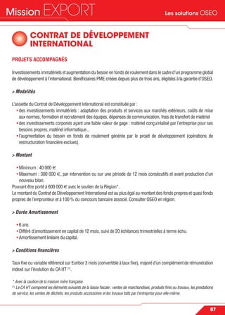 Les solutions OSEOMission EXPORT
87
CONTRAT DE DÉVELOPPEMENT
INTERNATIONAL
PROJETS ACCOMPAGNÉS
Investissements immatériels et augmentation du besoin en fonds de roulement dans le cadre d’un programme global
de développement à l’international. Bénéﬁciaires PME créées depuis plus de trois ans, éligibles à la garantie d’OSEO.
> Modalités
L’assiette du Contrat de Développement International est constituée par :
• des investissements immatériels : adaptation des produits et services aux marchés extérieurs, coûts de mise
aux normes, formation et recrutement des équipes, dépenses de communication, frais de transfert de matériel
• des investissements corporels ayant une faible valeur de gage : matériel conçu/réalisé par l’entreprise pour ses
besoins propres, matériel informatique...
• l’augmentation du besoin en fonds de roulement générée par le projet de développement (opérations de
restructuration ﬁnancière exclues).
> Montant
• Minimum : 40 000 €
• Maximum : 300 000 €, par intervention ou sur une période de 12 mois consécutifs et avant production d’un
nouveau bilan.
Pouvant être porté à 600 000 € avec le soutien de la Région*.
Le montant du Contrat de Développement International est au plus égal au montant des fonds propres et quasi fonds
propres de l’emprunteur et à 100 % du concours bancaire associé. Consulter OSEO en région.
> Durée Amortissement
• 6 ans
• Différé d’amortissement en capital de 12 mois, suivi de 20 échéances trimestrielles à terme échu.
• Amortissement linéaire du capital.
> Conditions ﬁnancières
Taux ﬁxe ou variable référencé sur Euribor 3 mois (convertible à taux ﬁxe), majoré d’un complément de rémunération
indexé sur l’évolution du CA HT (1)
.
* Avec la caution de la maison mère française.
(1)
Le CA HT comprend les éléments suivants de la liasse ﬁscale : ventes de marchandises, produits ﬁnis ou travaux, les prestations
de service, les ventes de déchets, les produits accessoires et les travaux faits par l’entreprise pour elle-même.
 