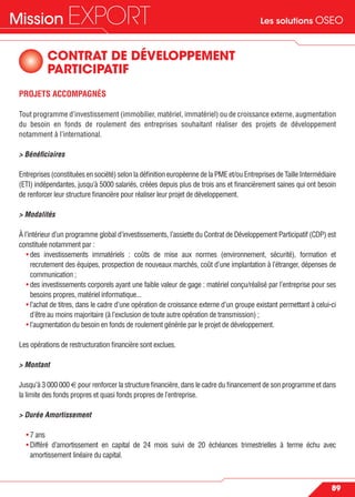 Les solutions OSEOMission EXPORT
89
CONTRAT DE DÉVELOPPEMENT
PARTICIPATIF
PROJETS ACCOMPAGNÉS
Tout programme d’investissement (immobilier, matériel, immatériel) ou de croissance externe, augmentation
du besoin en fonds de roulement des entreprises souhaitant réaliser des projets de développement
notamment à l’international.
> Bénéﬁciaires
Entreprises (constituées en société) selon la déﬁnition européenne de la PME et/ou Entreprises de Taille Intermédiaire
(ETI) indépendantes, jusqu’à 5000 salariés, créées depuis plus de trois ans et ﬁnancièrement saines qui ont besoin
de renforcer leur structure ﬁnancière pour réaliser leur projet de développement.
> Modalités
À l’intérieur d’un programme global d’investissements, l’assiette du Contrat de Développement Participatif (CDP) est
constituée notamment par :
• des investissements immatériels : coûts de mise aux normes (environnement, sécurité), formation et
recrutement des équipes, prospection de nouveaux marchés, coût d’une implantation à l’étranger, dépenses de
communication ;
• des investissements corporels ayant une faible valeur de gage : matériel conçu/réalisé par l’entreprise pour ses
besoins propres, matériel informatique...
• l’achat de titres, dans le cadre d’une opération de croissance externe d’un groupe existant permettant à celui-ci
d’être au moins majoritaire (à l’exclusion de toute autre opération de transmission) ;
• l’augmentation du besoin en fonds de roulement générée par le projet de développement.
Les opérations de restructuration ﬁnancière sont exclues.
> Montant
Jusqu’à 3 000 000 € pour renforcer la structure ﬁnancière, dans le cadre du ﬁnancement de son programme et dans
la limite des fonds propres et quasi fonds propres de l’entreprise.
> Durée Amortissement
• 7 ans
• Différé d’amortissement en capital de 24 mois suivi de 20 échéances trimestrielles à terme échu avec
amortissement linéaire du capital.
 