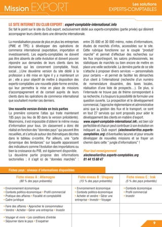 Mission EXPORT Les solutions
EXPERTS-COMPTABLES
Fiche niveau A : Allemagne
(80 % des pays présentés)
Fiche niveau B : Uruguay
(15 % des pays présentés)
Fiche niveau C : Irak
(5 % des pays présentés)
• Environnement économique
• Contexte politico-économique • Profil commercial
• Pratique des affaires • Fiscalité et comptabilité
• Cadre juridique
• Environnement économique
• Contexte politico-économique
• Acheter et vendre • Gérer une
entreprise • Investir • Voyager
• Contexte économique
• Profil commercial
• Investir
• Faire des affaires • Approcher le consommateur
• Vendre • Acheter • Gérer une entreprise • Investir
• Voyager et vivre • Les conditions d’entrée
• Séjourner dans le pays • S’expatrier
9
LE SITE INTERNET DU CLUB EXPORT : expert-comptable-international.info
Sic fait le point sur le site du Club export, exclusivement dédié aux experts-comptables (partie privée) qui désirent
accompagner leurs clients dans une démarche internationale.
La mondialisation pousse de plus en plus les entreprises
(PME et TPE) à développer des opérations de
commerce international (exportation, importation et
investissement). Les experts-comptables ne doivent
pas être absents de cette évolution et doivent pouvoir
répondre aux demandes de leurs clients dans les
domaines qui les concernent (comptable, ﬁscal,
social…).Une deuxième version du site dédié à la
profession a été mise en ligne il y a maintenant un
an ; elle a pour objectif de mettre à disposition des
experts-comptables une nouvelle plate-forme enrichie,
qui leur permettra la mise en place de missions
d’accompagnement et de conseil auprès de leurs
clients dans les opérations de commerce international
que souhaitent monter ces derniers.
Une nouvelle version divisée en trois parties
La première concerne l’atlas qui traite maintenant
185 pays (au lieu de 80 dans la version précédente).
Néanmoins, il est impossible d’obtenir le même niveau
d’information pour tous. Un classement a donc été
réalisé en fonction des “données pays” qui peuvent être
recueillies, et s’articule autour des thématiques décrites
dans le tableau ci-contre. Par ailleurs, une “carte
dynamique des tendances” sur laquelle apparaissent
des indicateurs comme l’évolution des importations ou
bien la croissance du PIB, est également disponible.
La deuxième partie propose des informations
sectorielles ; il s’agit ici de “données marchés” :
entre 25 000 et 30 000 mémo, notes d’informations,
études de marchés d’infos, accessibles sur le site.
Cette rubrique fonctionne sur le couple “produit/
marché” et permet d’effectuer des recherches sur
les ﬂux import/export, les salons professionnels, les
statistiques de marchés ou bien encore de mettre en
place une veille sectorielle. La dernière partie de ce site
s’attache à proposer divers services -– personnalisés
pour certains – et permet de faciliter les démarches
d’un client à l’international (recherche d’un numéro
de nomenclature douanière, des taxes locales,
réalisation d’une liste de prospects…). De plus, si
l’internaute ne trouve pas de thème correspondant à
sa recherche, il a toujours la possibilité de formuler une
question ouverte. La prospection et le développement
commercial, l’approche réglementaire et administrative
ainsi que la gestion des ﬂux et le transport, ce sont
en tout 27 services qui sont proposés pour aider le
développement des clients en matière d’export.
www.expert-comptable-international.info, est bien sûr
perfectible et chacun peut contribuer à son évolution en
indiquant au Club export (alechevalier@cs.experts-
comptables.org) d’éventuelles lacunes et pour ensuite
développer de nouvelles missions et se frayer un
chemin dans cette “ jungle d’informations” !
Pour tout renseignement
alechevalier@cs.experts-comptables.org
01 44 15 60 47
Fiches pays : niveaux d’informations disponibles
 