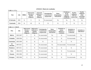 ANEXO I. Matriz de resultados
TABLA 1. CCA
País Año HRBA
Referencias
directas a
pueblos
indígenas
referencia
indirecta a
pueblos
indígenas
Participación
en proceso de
preparación
Datos
desagregados
étnicamente
Problemas
de los
pueblos
indígenas
analizados
Pueblos
indígenas
como eje
transversal
Pueblos
indígenas
como
prioridad
nacional
El Salvador 2005 Sí 0 Sí No mencionado No No No No
Guatemala 2004 Sí 142 Sí Sí Sí Sí Sí Sí
TABLA 2. UNDAF
País Año
Referencias
directa a
pueblos
indígenas
Referencia
indirecta a
pueblos
indígenas
Participación
en proceso de
preparación
Datos
desagregados
étnicamente
Inclusión en
metas,
objetivos y
resultados
Inclusión en
monitoreo y
evaluación
Inclusión en
indicadores
Bolivia 2002-2007 8 Sí No mencionado No Sí No mencionado No
Colombia 2000-2004 5 Sí No mencionado No Sí No mencionado No
Guatemala 2005-2009 61 Sí Sí Sí Sí Sí Sí
El
Salvador
2007-2011 0 Sí No mencionado No No mencionado No mencionado No
Honduras 2007-2011 6 Sí No mencionado No Sí Sí Sí
Perú 2006-2010 16 Sí No mencionado No Sí No mencionado Sí
Panamá 2002-2006 133 Sí No mencionado Sí Sí Sí Sí
Paraguay 2002-2006 6 Sí No mencionado No Sí No mencionado No
45
 