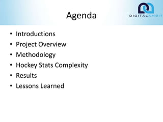 Agenda
• Introductions
• Project Overview
• Methodology
• Hockey Stats Complexity
• Results
• Lessons Learned
 