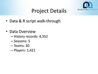 Project Details
• Data & R script walk-through
• Data Overview
– History records: 4,352
– Seasons: 5
– Teams: 30
– Players: 1,421
 