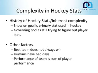 Complexity in Hockey Stats
• History of Hockey Stats/Inherent complexity
– Shots on goal is primary stat used in hockey
– Governing bodies still trying to figure out player
stats
• Other factors
– Best team does not always win
– Humans have bad days
– Performance of team is sum of player
performance
 