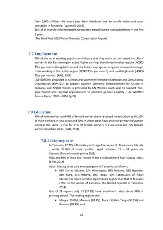 12
Over 7,000 children die every year from diarrhoea due to unsafe water and poor
sanitation in Tanzania. (WaterAid 2015)
25% of 24 month children experience stuntedgrowthdue tohavingdiarrhoeainthe first
2 years.
(The Final Post 2015 Water Thematic Consultation Report)
7.7 Employment
78% of the rural working population indicate that they work on their own farm. Rural
workersin the Eastern region enjoy higher earnings than those in other regions (60000
TShs per month) in agriculture and the lowest average earnings are observed amongst
those workinginthe central region (20000 TShs per month) and south highlands (40000
TShs per month). (FAO, 2014)
US$450,000 is provided to Kilimanjaro Women Information Exchange and Consultancy
Organization (KWIECO) to support Women Economic Empowerment for Justice in
Tanzania and $5000 million is provided by UN-Women each year to support non-
government and regional organizations to promote gender equality. (UN WOMEN
Annual Report 2013 – 2014 Pg 21)
7.8 Education
40% of male workersand49% of female workershave received no education at all, 60%
of male workers in rural areas and 80% in urban areas have attained primary education
whereas the same is true for 51% of female workers in rural areas and 75% female
workers in urban areas. (FAO, 2014)
7.8.1 Literacy rate
In Tanzania, 72.77% of female youthsagedbetween15-24 yearsare literate
, while 76.56% of male youths aged between 15 – 24 years are
literate.(Tanzania youth policy 2013)
90% and 80% of male and female in Dar es Salaam have high literacy rates.
(FAO, 2014)
Adult literacy rates vary among regions in Tanzania as follows;-
 96% Dar es Salaam, 92% Kilimanjaro, 84% Ruvuma, 82% Njombe,
81% Mara, 81% Mbeya, 80% Tanga, 59% Tabora.83% of Adult
literacy for males which is significantly higher than that of females
(73%) in the whole of Tanzania.(The United republic of Tanzania,
2014)
Out of 21 regions only 12 (57.1%) have enrolment ratios above 90% in
primary school. The leading regions are:
 Mbeya (99.8%), Mwanza (99.7%), Mara (99.6%), Tanga (99.5%) and
Ruvuma (99.4%) and
 