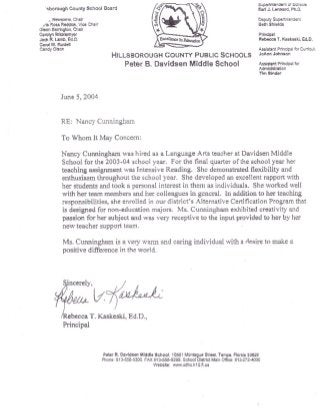 Letter of Recommendation.  Dr. Kaskasky. Hillsborough Schools. Tampa.FL2003.2004