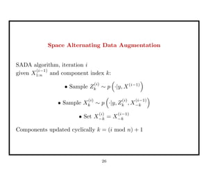 Space Alternating Data Augmentation
SADA algorithm, iteration i
given X
(i−1)
1:n and component index k:
• Sample Z
(i)
k ∼ p ·|y, X(i−1)
• Sample X
(i)
k ∼ p ·|y, Z
(i)
k , X
(i−1)
−k
• Set X
(i)
−k = X
(i−1)
−k
Components updated cyclically k = (i mod n) + 1
26
 