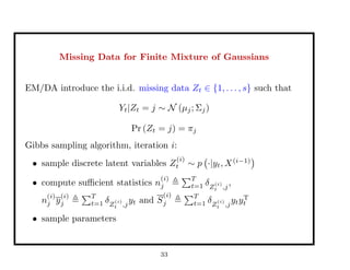 Missing Data for Finite Mixture of Gaussians
EM/DA introduce the i.i.d. missing data Zt ∈ {1, . . . , s} such that
Yt|Zt = j ∼ N (µj; Σj)
Pr (Zt = j) = πj
Gibbs sampling algorithm, iteration i:
• sample discrete latent variables Z
(i)
t ∼ p ·|yt, X(i−1)
• compute suﬃcient statistics n
(i)
j
T
t=1 δZ
(i)
t ,j
,
n
(i)
j y
(i)
j
T
t=1 δZ
(i)
t ,j
yt and S
(i)
j
T
t=1 δZ
(i)
t ,j
ytyT
t
• sample parameters
33
 