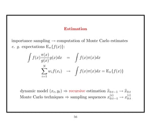 Estimation
importance sampling → computation of Monte Carlo estimates
e. g. expectations Eπ{f(x)}:
f(x)
π(x)
g(x)
g(x)dx = f(x)π(x)dx
N
i=1
wif(xi) → f(x)π(x)dx = Eπ{f(x)}
dynamic model (xt, yt) ⇒ recursive estimation x0:t−1 → x0:t
Monte Carlo techniques ⇒ sampling sequences x
(i)
0:t−1 → x
(i)
0:t
56
 