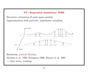 FV: Sequential simulation: SISR
Recursive estimation of state space models.
Approximation with particles, importance sampling.
time
x
p_t(x)
t
t+1
Bootstrap, particle ﬁltering
Gordon et al. 1993, Kitagawa 1996, Doucet et al. 2001
→ time series, tracking.
66
 