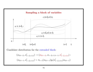 Sampling a block of variables
t−L t−L+1 tt−1
t−L+1x’(
t−L+1x(
0
:0 t−1x(
:0 t−Lx(
:t)
)
)
)t−1:
Candidate distribution for the extended block:
(x0:t−L, xt−L+1:t) → (x0:t−L, xt−L+1:t−1, xt−L+1:t) :
(x0:t−1, xt−L+1:t) ∼ πt−1(x0:t−1)qt(xt−L+1:t|x0:t−1)
76
 