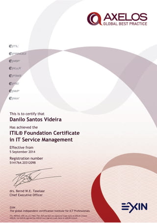 EXIN
The global independent certification institute for ICT Professionals
ITIL, PRINCE2, MSP, M_o_R, P3M3, P3O, MoP and MoV are registered trade marks of AXELOS Limited.
AXELOS, the AXELOS logo and the AXELOS swirl logo are trade marks of AXELOS Limited.
This is to certify that
Danilo Santos Videira
Has achieved the
ITIL® Foundation Certificate
in IT Service Management
Effective from
5 September 2014
Registration number
5141764.20312098
drs. Bernd W.E. Taselaar
Chief Executive Officer
 
