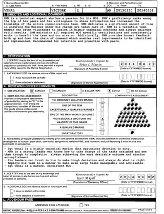 VENAL VICTORE L 1297773093 AN 20130320 20140331
SNM is a technical expert who has a passion for his MOS. SNM's proficiency ranks among
the top of his peers and his willingness to share information has increased the
knowledge of the entire communications team. SNM dedicates a significant amount of time
in ensuring the Marines under his charge are taken care of. SNM is a versatile team
member who often volunteers to assist in highly technical projects and always delivers
solid results. SNM maintains all required MOS specific certifications and consistently
works to benefit the team and our mission. Additionally, SNM provides honest feedback
both up and down the chain of command which enables real improvements to be identified
and implemented. Recommended for retention and promotion with peers.
2 0 1 4 0 4 2 9
Electronically Signed By
Brian L Martin
X X
X
- Sgt Venal is a highly technical Marine that epitomizes devotion to duty.
- MRO is a strong leader who knows how to take charge of the tasks assigned and see
them trough to completion, always achieving the most desirable outcome and mission
accomplishment.
- His leaders can trust in him to make tough decisions and always do what is right.
- Employs his team in a manner to make even large tasks manageable and achievable.
- Sgt Venal is a mature, consistent NCO.
2 0 1 4 0 6 0 2
Electronically Signed By
Kurt M Gall
A-PES 5.4.2.1-SNAPSHOT)FOR OFFICIAL USE ONLY - Privacy sensitive when filled in. FITREP ID #1869802
 