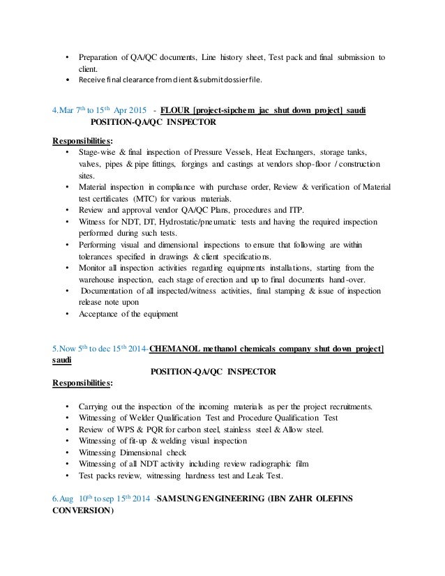 qa qc inspector resume