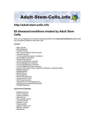 http://adult-stem-cells.info

65 diseases/conditions treated by Adult Stem
Cells.
Here are the categories and specific diseases/conditions that www.stemcellresearch.com states
are successfully treated by adult stem cells.

Cancers:

  * Brain Cancer
  * Retinoblastoma
  * Ovarian Cancer
  * Skin Cancer: Merkel Cell Carcinoma
  * Testicular Cancer
  * Tumors abdominal organs Lymphoma
  * Non-Hodgkins lymphoma
  * Hodgkins Lymphoma
  * Acute Lymphoblastic Leukemia
  * Acute Myelogenous Leukemia
  * Chronic Myelogenous Leukemia
  * Juvenile Myelomonocytic Leukemia
  * Cancer of the lymph nodes: Angioimmunoblastic Lymphadenopathy
  * Multiple Myeloma
  * Myelodysplasia
  * Breast Cancer
  * Neuroblastoma
  * Renal Cell Carcinoma
  * Various Solid Tumors
  * Soft Tissue Sarcoma
  * Waldenstrom’s macroglobulinemia
  * Hemophagocytic lymphohistiocytosis
  * POEMS syndrome

Auto-Immune Diseases

  * Multiple Sclerosis
  * Crohn’s Disease
  * Scleromyxedema
  * Scleroderma
  * Rheumatoid Arthritis
  * Juvenile Arthritis
  * Systemic Lupus
  * Polychondritis
  * Sjogren’s Syndrome
  * Behcet’s Disease
  * Myasthenia
 