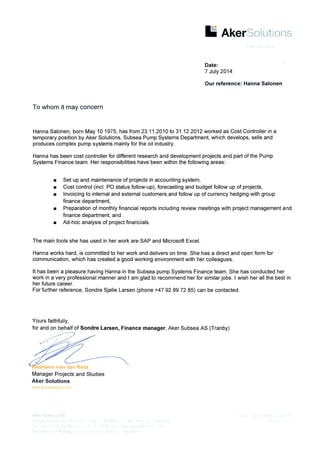 Reference letter Aker Solutions