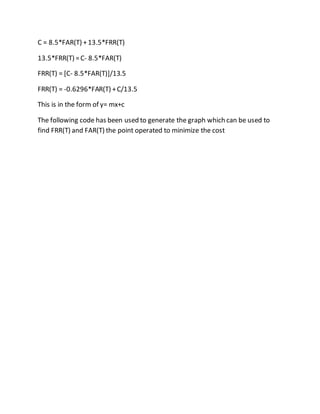 C = 8.5*FAR(T) +13.5*FRR(T)
13.5*FRR(T) =C- 8.5*FAR(T)
FRR(T) = [C- 8.5*FAR(T)]/13.5
FRR(T) = -0.6296*FAR(T) +C/13.5
This is in the form of y= mx+c
The following code has been used to generate the graph which can be used to
find FRR(T) and FAR(T) the point operated to minimize the cost
 
