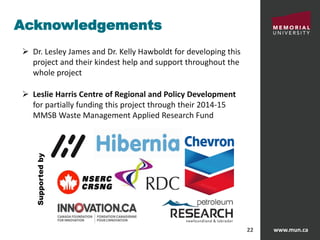 www.mun.ca22
Acknowledgements
 Dr. Lesley James and Dr. Kelly Hawboldt for developing this
project and their kindest help and support throughout the
whole project
 Leslie Harris Centre of Regional and Policy Development
for partially funding this project through their 2014-15
MMSB Waste Management Applied Research Fund
Supportedby
 