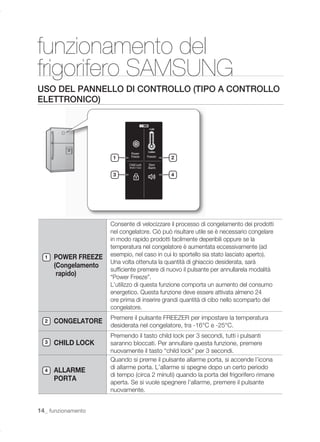funzionamento del
frigorifero SAMSUNG
USO DEL PANNELLO DI CONTROLLO (TIPO A CONTROLLO
ELETTRONICO)




                       1                      2


                       3                      4




                      Consente di velocizzare il processo di congelamento dei prodotti
                      nel congelatore. Ciò può risultare utile se è necessario congelare
                      in modo rapido prodotti facilmente deperibili oppure se la
                      temperatura nel congelatore è aumentata eccessivamente (ad
  1   POWER FREEZE    esempio, nel caso in cui lo sportello sia stato lasciato aperto).
                      Una volta ottenuta la quantità di ghiaccio desiderata, sarà
      (Congelamento
                      sufﬁciente premere di nuovo il pulsante per annullarela modalità
       rapido)        “Power Freeze”.
                      L’utilizzo di questa funzione comporta un aumento del consumo
                      energetico. Questa funzione deve essere attivata almeno 24
                      ore prima di inserire grandi quantità di cibo nello scomparto del
                      congelatore.
                      Premere il pulsante FREEZER per impostare la temperatura
  2   CONGELATORE
                      desiderata nel congelatore, tra -16°C e -25°C.
                      Premendo il tasto child lock per 3 secondi, tutti i pulsanti
  3   CHILD LOCK      saranno bloccati. Per annullare questa funzione, premere
                      nuovamente il tasto “child lock” per 3 secondi.
                      Quando si preme il pulsante allarme porta, si accende l’icona
                      di allarme porta. L’allarme si spegne dopo un certo periodo
  4   ALLARME
                      di tempo (circa 2 minuti) quando la porta del frigorifero rimane
      PORTA           aperta. Se si vuole spegnere l’allarme, premere il pulsante
                      nuovamente.


14_ funzionamento
 