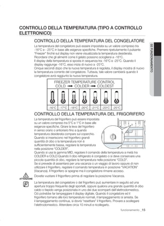 CONTROLLO DELLA TEMPERATURA (TIPO A CONTROLLO
ELETTRONICO)
             CONTROLLO DELLA TEMPERATURA DEL CONGELATORE




                                                                                                      02 FUNZIONAMENTO
             La temperatura del congelatore può essere impostata su un valore compreso tra
             -16°C e - 25°C in base alle esigenze speciﬁche. Premere ripetutamente il pulsante
             “Freezer” ﬁnché sul display non viene visualizzata la temperatura desiderata.
             Ricordarsi che gli alimenti come il gelato possono sciogliersi a -16°C.
             Il display della temperatura si sposta in sequenza tra -16°C e -25°C. Quando il
             display raggiunge -16°C, esso inizia di nuovo a -25°C.
             Cinque secondi dopo che la nuova temperatura è regolata, il display mostra di nuovo
             la temperatura corrente del congelatore. Tuttavia, tale valore cambierà quando il
             congelatore avrà raggiunto la nuova temperatura.

                            FREEZER TEMPERATURE CONTROL
                             COLD     COLDER    COLDEST




                        -16°C   -17°C   -18°C    -20°C   -21°C   -23°C    -25°C
                         6°F     3°F      0°F
                                           -11°F  -2°F    -4°F    -7°F
             CONTROLLO DELLA TEMPERATURA DEL FRIGORIFERO
             La temperatura del frigorifero può essere impostata
             su un valore compreso tra 5°C e 1°C in base alle
             esigenze speciﬁche. Girare la leva del frigorifero
             in senso orario o antioriario ﬁno a quando
             temperatura desiderata compare sul coperchio.
             Quando si inseriscono nel frigorifero grandi
             quantità di cibo o la temperatura non è
             sufﬁcientemente bassa, regolare la temperatura
             nella posizione “COLDER”.
             Quando si usa la gamma MID, regolare il comando della temperatura a metà tra
             COLDER e COLD.Quando il cibo refrigerato è congelato o si deve conservare una
             piccola quantità di cibo, regolare la temperatura nella posizione “COLD”.
             Se si prevede di assentarsi per una vacanza o un viaggio di lavoro oppure di non
             utilizzare il frigorifero, regolare il comando temperatura in posizione “VACATION”
             (Vacanza). Il frigorifero si spegne ma il congelatore rimane acceso.
             Dovete vuotare il frigorifero prima di regolare la posizione Vacanza.
ATTENZIONE
             La temperatura del congelatore o del frigorifero può aumentare in seguito ad una
             apertura troppo frequente degli sportelli, oppure qualora una grande quantità di cibo
             caldo o tiepido venga posizionata in uno dei due scomparti dell’elettrodomestico.
             Ciò potrebbe far lampeggiare il display digitale. Quando il congelatore ed il
             frigorifero tornano alle loro temperature normali, il lampeggiamento si arresta. Se
             il lampeggiamento continua, si dovrà “resettare” il frigorifero. Provare a scollegare
             l’elettrodomestico. Attendere circa 10 minuti e ricollegarlo.
                                                                                  funzionamento _15
 