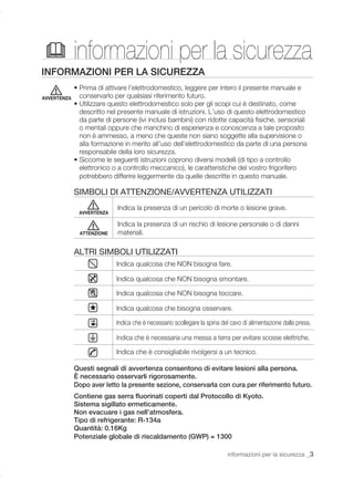 informazioni per la sicurezza
INFORMAZIONI PER LA SICUREZZA
             • Prima di attivare l’elettrodomestico, leggere per intero il presente manuale e
AVVERTENZA     conservarlo per qualsiasi riferimento futuro.
             • Utilizzare questo elettrodomestico solo per gli scopi cui è destinato, come
               descritto nel presente manuale di istruzioni. L’uso di questo elettrodomestico
               da parte di persone (ivi inclusi bambini) con ridotte capacità ﬁsiche, sensoriali
               o mentali oppure che manchino di esperienza e conoscenza a tale proposito
               non è ammesso, a meno che queste non siano soggette alla supervisione o
               alla formazione in merito all’uso dell’elettrodomestico da parte di una persona
               responsabile della loro sicurezza.
             • Siccome le seguenti istruzioni coprono diversi modelli (di tipo a controllo
               elettronico o a controllo meccanico), le caratteristiche del vostro frigorifero
               potrebbero differire leggermente da quelle descritte in questo manuale.

             SIMBOLI DI ATTENZIONE/AVVERTENZA UTILIZZATI
                            Indica la presenza di un pericolo di morte o lesione grave.
              AVVERTENZA

                            Indica la presenza di un rischio di lesione personale o di danni
               ATTENZIONE   materiali.

             ALTRI SIMBOLI UTILIZZATI
                            Indica qualcosa che NON bisogna fare.

                            Indica qualcosa che NON bisogna smontare.

                            Indica qualcosa che NON bisogna toccare.

                            Indica qualcosa che bisogna osservare.

                            Indica che è necessario scollegare la spina del cavo di alimentazione dalla presa.

                            Indica che è necessaria una messa a terra per evitare scosse elettriche.

                            Indica che è consigliabile rivolgersi a un tecnico.

             Questi segnali di avvertenza consentono di evitare lesioni alla persona.
             È necessario osservarli rigorosamente.
             Dopo aver letto la presente sezione, conservarla con cura per riferimento futuro.
             Contiene gas serra ﬂuorinati coperti dal Protocollo di Kyoto.
             Sistema sigillato ermeticamente.
             Non evacuare i gas nell’atmosfera.
             Tipo di refrigerante: R-134a
             Quantità: 0.16Kg
             Potenziale globale di riscaldamento (GWP) = 1300

                                                                          informazioni per la sicurezza _3
 