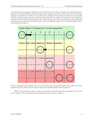 L2 System Requirements Speciﬁcation, Rev. 1.3 3 High-Level Description
more block sections separate a vehicle from the vehicle in front of it. If this is the case, the vehicle behind can
progress at full speed (deﬁned within the Operations Computer subsystem). When only two block sections
separate two vehicles, the vehicle in back slows down enough that the distance between the two vehicles
increases in block sections. If only one block section separates two vehicles, the vehicle in back should stop
and wait until more block sections separate the vehicles. In the event that two ride vehicles occupy adjacent
block sections, the entire ride should emergency stop. The diﬀerent states of the moving block-light system
are illustrated in Figure 2.
Figure 2: Diagram of the possible states for a ride vehicle in the moving block-light system, where the circles
represent the ride vehicles and the black vertical lines represent block section separations.
While in the maintenance bay, a vehicle can be added or removed from ride operations to be serviced
by the operator. The arrangement of the maintenance bay is shown in Figure 3.
Project RIDES 9
 