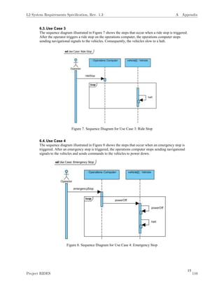 15
6.3.Use Case 3
The sequence diagram illustrated in Figure 7 shows the steps that occur when a ride stop is triggered.
After the operator triggers a ride stop on the operations computer, the operations computer stops
sending navigational signals to the vehicles. Consequently, the vehicles slow to a halt.
Figure 7. Sequence Diagram for Use Case 3: Ride Stop
6.4.Use Case 4
The sequence diagram illustrated in Figure 8 shows the steps that occur when an emergency stop is
triggered. After an emergency stop is triggered, the operations computer stops sending navigational
signals to the vehicles and sends commands to the vehicles to power down.
Figure 8. Sequence Diagram for Use Case 4: Emergency Stop
L2 System Requirements Speciﬁcation, Rev. 1.3 A Appendix
Project RIDES 110
 