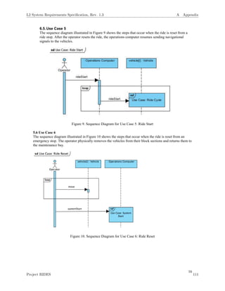 16
6.5.Use Case 5
The sequence diagram illustrated in Figure 9 shows the steps that occur when the ride is reset from a
ride stop. After the operator resets the ride, the operations computer resumes sending navigational
signals to the vehicles.
Figure 9. Sequence Diagram for Use Case 5: Ride Start
5.6 Use Case 6
The sequence diagram illustrated in Figure 10 shows the steps that occur when the ride is reset from an
emergency stop. The operator physically removes the vehicles from their block sections and returns them to
the maintenance bay.
Figure 10. Sequence Diagram for Use Case 6: Ride Reset
L2 System Requirements Speciﬁcation, Rev. 1.3 A Appendix
Project RIDES 111
 