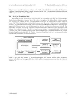 L2 System Requirements Speciﬁcation, Rev. 1.3 5 Functional Decomposition of System
Subsystem uses input from the arena to direct each vehicle independently by commanding the Operations
Computer I/O Subsystem to output a current through a speciﬁc wire. The Operations Computer Subsystem
fulﬁlls requirements 15.1.1 through 15.1.22.
5.2 Vehicle Decomposition
The vehicles are split into six major subsystems that are connected to each other by a microcontroller.
Each subsystem deals with a separate part of the vehicle’s navigation. The Vehicle Power Subsystem is the
base, providing the power to all other subsystems while also allowing the functionality of cutting power via
a relay. The Vehicle Motion Subsystem includes the motors and allows the vehicle to proceed forward, turn,
and stop. This subsystem requires input, which is provided by the Pathﬁnding Subsystem, which reads the
magnetic ﬁeld from the arena wire and determines the direction in which the vehicle must proceed. The
Pathﬁnding Subsystem also accepts input from the Obstacle Detection Subsystem, which stops the vehicle
when an obstruction is detected. The other two subsystems are in direct communication with the Operations
Computer. The Vehicle Identiﬁcation Subsystem allows the Operations Computer to determine the location
of each vehicle independently while the Wireless Communications Subsystem receives commands from the
Operations Computer such as an emergency stop.
Figure 7: High-level block diagram for the vehicle subsystem. This diagram includes all the major com-
ponents and subsystems encompassed by the vehicle and the communication systems that the vehicle is
connected to.
Project RIDES 15
 