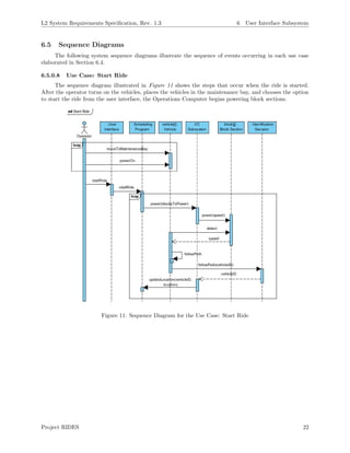 L2 System Requirements Speciﬁcation, Rev. 1.3 6 User Interface Subsystem
6.5 Sequence Diagrams
The following system sequence diagrams illustrate the sequence of events occurring in each use case
elaborated in Section 6.4.
6.5.0.8 Use Case: Start Ride
The sequence diagram illustrated in Figure 11 shows the steps that occur when the ride is started.
After the operator turns on the vehicles, places the vehicles in the maintenance bay, and chooses the option
to start the ride from the user interface, the Operations Computer begins powering block sections.
Figure 11: Sequence Diagram for the Use Case: Start Ride
Project RIDES 22
 