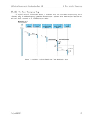 L2 System Requirements Speciﬁcation, Rev. 1.3 6 User Interface Subsystem
6.5.0.11 Use Case: Emergency Stop
The sequence diagram illustrated in Figure 14 shows the steps that occur when an emergency stop is
triggered. After an emergency stop is triggered, the Operations Computer stops powering block sections and
wirelessly sends a message to all vehicles to power down.
Figure 14: Sequence Diagram for the Use Case: Emergency Stop
Project RIDES 25
 