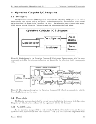 L2 System Requirements Speciﬁcation, Rev. 1.3 8 Operations Computer I/O Subsystem
8 Operations Computer I/O Subsystem
8.1 Description
The Operations Computer I/O Subsystem is responsible for outputting PWM signal to the arena’s
block sections. This signal is used by the vehicle’s Pathﬁnding Subsystem. The subsystem is also used to
gather input from the sensors placed throughout the arena. These sensors are used to identify each vehicle,
which are read into the Operations Computer to know the relative position of each vehicle.
Figure 18: Block diagram for the Operations Computer I/O Subsystem. This encompases all of the major
components needed for the subsystem to function, but does not list the subsystems that it communicates
with.
Figure 19: Flow diagram showing how the Operations Computer I/O Subsystem communicates with the
Scheduling Subsystem and the arena.
8.2 Constraints
The following are constraints deﬁned by external sources that limit the development of the Operations
Computer I/O Subsystem in accordance with the requirements listed in this document.
8.2.1 Parallel Operation
For the Operations Computer I/O to work correctly, the block sections in the arena and the sensor
inputs must work asynchronously with other operations. Each block section must be independent of the
Project RIDES 36
 