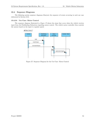 L2 System Requirements Speciﬁcation, Rev. 1.3 10 Vehicle Motion Subsystem
10.4 Sequence Diagrams
The following system sequence diagrams illustrate the sequence of events occurring in each use case
elaborated in Section 10.3.
10.4.0.8 Use Case: Motor Control
The sequence diagram illustrated in Figure 27 shows the steps that occur when the vehicle receives
input from the Pathﬁnding Subsystem regarding motor control. The vehicle motor controller then controls
the motors based on the input to regulate speed.
Figure 27: Sequence Diagram for the Use Case: Motor Control
Project RIDES 52
 