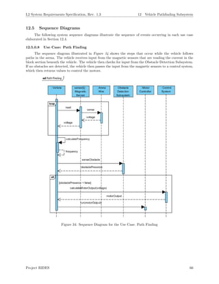 L2 System Requirements Speciﬁcation, Rev. 1.3 12 Vehicle Pathﬁnding Subsystem
12.5 Sequence Diagrams
The following system sequence diagrams illustrate the sequence of events occurring in each use case
elaborated in Section 12.4.
12.5.0.8 Use Case: Path Finding
The sequence diagram illustrated in Figure 34 shows the steps that occur while the vehicle follows
paths in the arena. The vehicle receives input from the magnetic sensors that are reading the current in the
block section beneath the vehicle. The vehicle then checks for input from the Obstacle Detection Subsystem.
If no obstacles are detected, the vehicle then passes the input from the magnetic sensors to a control system,
which then returns values to control the motors.
Figure 34: Sequence Diagram for the Use Case: Path Finding
Project RIDES 66
 