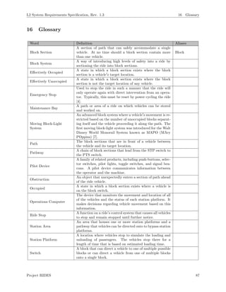 L2 System Requirements Speciﬁcation, Rev. 1.3 16 Glossary
16 Glossary
Word Deﬁnition Aliases
Block Section
A section of path that can safely accommodate a single
vehicle. At no time should a block section contain more
than one vehicle.
Block
Block System
A way of introducing high levels of safety into a ride by
sectioning the ride into block sections.
Eﬀectively Occupied
A state in which a block section exists where the block
section is a vehicle s target location.
Eﬀectively Unoccupied
A state in which a block section exists where the block
section is not the target location of any vehicle.
Emergency Stop
Used to stop the ride in such a manner that the ride will
only operate again with direct intervention from an opera-
tor. Typically, this must be reset by power cycling the ride
[4].
Maintenance Bay
A path or area of a ride on which vehicles can be stored
and worked on.
Moving Block-Light
System
An advanced block system where a vehicle s movement is re-
stricted based on the number of unoccupied blocks separat-
ing itself and the vehicle proceeding it along the path. The
ﬁrst moving block-light system was introduced for the Walt
Disney World Monorail System known as MAPO (MAry
POppins) [7].
Path
The block sections that are in front of a vehicle between
the vehicle and its target location.
Pathway
A chain of block sections that lead from the STP switch to
the PTS switch.
Pilot Device
A family of related products, including push-buttons, selec-
tor switches, pilot lights, toggle switches, and signal bea-
cons. A pilot device communicates information between
the operator and the machine.
Obstruction
An object that unexpectedly enters a section of path ahead
of the ride vehicle.
Occupied
A state in which a block section exists where a vehicle is
on the block switch.
Operations Computer
The device that monitors the movement and location of all
of the vehicles and the status of each station platform. It
makes decisions regarding vehicle movement based on this
information.
Ride Stop
A function on a ride’s control system that causes all vehicles
to stop and remain stopped until further notice.
Station Area
An area that houses one or more station platforms and a
pathway that vehicles can be directed onto to bypass station
platforms.
Station Platform
A location where vehicles stop to simulate the loading and
unloading of passengers. The vehicles stop there for a
length of time that is based on estimated loading time.
Switch
A block that can direct a vehicle to one of multiple possible
blocks or can direct a vehicle from one of multiple blocks
onto a single block.
Project RIDES 87
 
