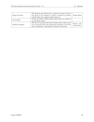 L2 System Requirements Speciﬁcation, Rev. 1.3 16 Glossary
Target Location
The furthest open block that a vehicle can route to that is
not about to be occupied, or will be occupied by another
vehicle before the original vehicle enters it.
Target Block
Unoccupied
A state in which a block section exists where no vehicle is
on the block switch.
Vehicle Computer
The device on-board each of the vehicles that is able to pro-
cess commands from the Operations Computer and enact
those commands, controlling the vehicle s movement.
Vehicle Mi-
crocontroller
Project RIDES 88
 