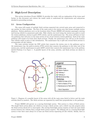 L2 System Requirements Speciﬁcation, Rev. 1.3 3 High-Level Description
3 High-Level Description
This section introduces Project RIDES. It provides the reader with an explanation of the terms used
further in this document and context the reader needs to understand the requirements and subsystems
detailed in proceeding sections.
3.1 Arena Conﬁguration
The arena will consist of multiple block sections separated into several main areas and connected to
one another by three switches. The ﬁrst of the main areas is the station area that houses multiple station
platforms. Station platforms serve as the locations where Project RIDES will simulate passengers entering
and leaving vehicles in amusement park rides. Ride vehicles can travel along the station area path to reach
the station platforms, station-to-path (STP) switch, and the maintenance bay. The arena will have at least
two pathways that will serve as the main section of one circuit between station platforms. Each of the main
pathways will consist of at least three block sections. Finally, the maintenance bay will act as the location
that vehicles reside in prior to ride initialization. The maintenance bay is split into several block sections to
accommodate all ride vehicles.
The main switches include the STP switch that connects the station area to the pathways and to
the maintenance bay, the path-to-station (PTS) switch that connects the pathways to the other end of the
station area, and the maintenance-to-path (MTP) switch that connects the maintenance bay to the pathway
labeled Pathway 2 in Figure 1. A possible layout of the areas, switches, and block sections are shown in
Figure 1.
Figure 1: Diagram of a possible layout of the arena with all the main areas listed in letters and the main
switches listed in numbers. The block sections are separated by small lines perpendicular to the pathways.
Project RIDES will operate on a moving block-light system. This system is a form of block system.
The simple block system allows one vehicle to occupy a block section, and a vehicle can only progress when
the block section ahead of it is unoccupied. The moving block-light system requires at least one more block
section between two vehicles than a simple block system requires. The deﬁning rule in a moving block-light
system is that there must always be at least one block section separating all ride vehicles. Ideally, three or
Project RIDES 8
 