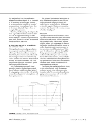 NAVAL ENGINEERS JOURNAL	 June 2013  n  No. 125-2  n  131
Ship Ballast Tank Sediment Reduction Methods
that reach each and every interval between
adjacent bottom longitudinals. All are connected
to the same main suction line, and terminate
in suction mouths that resemble the mouth of
a vacuum cleaner (rectangular and wide) close
to the bottom of the tank. Figure 3 shows an
example of this application.
Therefore, with the opening of scallops on the
lower edges of the structural elements of a DBT
and with the suggested branching-out of the
suction piping, it is extremely likely that the sedi-
ment on the bottom of a DBT will be eliminated
during deballasting operations.
ALTERNATIVE 3: INJECTION OF WATER AGAINST
THE BOTTOM OF TANKS
Although the aforementioned proposed altera-
tions may result in a substantial increase in the
efficiency of eliminating sediment existing in
ballast tanks, it must be stressed that the manda-
tory cleaning and removal of sediment is only
carried out at five-year intervals. This means that,
basically, the clayish sediment will have had a
long period to agglutinate and compact against
the bottom plating of the tanks.
Like a hydraulic cannon normally found
assembled in suction dredges, the compacted
layer of sediment could be stirred and agitated
by using a piping system provided with sprinkler
nozzles directed against the bottom plates at each
frame spacing interval.
This suggested system should be employed on
every deballasting operation for more efficient
sediment removal, and employed until air is
sucked into the suction bell of the deballasting
system. It is suggested that the proposed piping
system be 3" in diameter, with a working pressure
of not less that 3 kg/cm2
.
Discussion
These presented alternatives to traditional ballast-
ing methods would reduce the deposit of sediment
within ballast tanks of ships without compromis-
ing operation or safety. The amount of sediment
could be reduced with an increase in the diameter
and number of scallops. Although this increase in
scallop diameter is only 50% when compared to
the current size, it would allow the flow of BW to
carry the sediment from tank to aft during debal-
lasting operations more efficiently. With more
scallops distributed along the same sections, the
flow of BW would increase and, consequently, the
amount of sediment removed during the deballast-
ing operation would also increase. These proposed
alterations would not alter the resistance of the
structural elements of the ship.
Distribution of an auxiliary deballasting piping
system within the tanks would allow a greater
collection capacity of the sediment deposited
inside the tanks. The conventionally used central
piping system concentrates only on the collec-
tion operation of the sediment.
Figure 3. Schematic of ballast water system change.
 
