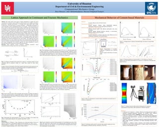 University of Houston
Department of Civil & Environmental Engineering
Computational Mechanics Group
Reza Mousavi, Amir Mohammadipour, Masoud DehghaniChampiri
Lattice Approach in Continuum and Fracture Mechanics Mechanical Behavior of Cement-based Materials
Abstract: This study reveals some aspects of lattice formulations to analyze the strain
concentration of a famous classic problem in solid mechanics at two different mechanics
perspectives: continuum and fracture. A 2D plane stress square panel with a single
circular hole is discretized based on Voronoi tessellation. A superelliptic formulation is
used to distribute Lattice computational points over the panel. From the perspective of
linear elasticity under uniaxial and biaxial loading, translational and rotational degrees
of freedom are considered at each computational node of the lattice to obtain strain
concentration factors around the circular perforation. It is observed that the lattice
approach is able to approximate the elastic strain concentration factors of three, four, and
two in uniaxial, biaxial shear, and equibiaxial tension loadings, respectively. To study the
LEFM and Griffith energy balance in uniaxial loading, a brittle lattice erosion technique
is used to compute the energy release rate determined by change in the global stiffness
matrix of the mesh with respect to crack extension. This fracture energy is then used to
determine the mode I stress intensity factor of the crack emanating from the hole which is
validated by the analytical formulation for the same problem. The comparison shows that
both methods give very close results for the mode I stress intensity factor. Being simple in
terms of constitutive formulation and failure criterion for erosion of brittle material, and
also using a propagating crack extension approach, the lattice formulation is used to
determine the fracture properties of cohesive/frictional material.
Keywords: lattice approach, fracture mechanics, continuum mechanics, strain
concentration factor, energy release rate, stress intensity factor
Fig. 1 (a) Degrees-of-freedom and external forces acting on a 2D frame element in local
coordinates and (b) constitutive relation for a single frame element for linear elastic
behavior.
Fracture criterion for the failure of the frame elements under tension and compression was
defined as a function of normal force and bending moments at computational points of
each frame member in the form of a failure condition
𝜎𝜎𝑒𝑒𝑒𝑒𝑒𝑒 =
𝑁𝑁
𝐴𝐴
± 𝛼𝛼′
( 𝑀𝑀𝑖𝑖 , 𝑀𝑀𝑗𝑗 ) 𝑚𝑚𝑚𝑚𝑚𝑚
𝑆𝑆𝑎𝑎
≥ 𝑓𝑓𝑡𝑡 𝑜𝑜𝑜𝑜 𝑓𝑓𝑐𝑐
Fig. 2 Lattice mesh generation of the rectangular panel using the superellipse formulation,
(a) Voronoi particles and their computational points or centroids, (b) Lattice mesh struts
with smooth transition from polar to Cartesian coordinate system. S and ∆θ are parameters
used to define the mesh.
Fig. 3 Determining the mesh parameters 𝑆𝑆𝑚𝑚𝑚𝑚 𝑚𝑚 and 𝑆𝑆𝑚𝑚𝑚𝑚𝑚𝑚 according to the circular hole
radius, 𝑅𝑅, and the panel width, 2𝑏𝑏, for a selected value of ∆𝜃𝜃 = 𝜋𝜋/64.
References:
Mohammadipour A, Willam K., Lattice Simulations for Evaluating Interface Fracture of
Masonry Composites. in Theoretical & Applied Fracture Mechanics, 82, 2016, 152–68.
Mohammadipour A., Willam K., Lattice Approach in Continuum and Fracture Mechanics.
in Journal of Applied Mechanics, 83(7), 2016, 071003-071003-9.
Fig. 4 The distribution of strain concentration factor, SCF, for 𝜀𝜀𝑦𝑦 in a finite thin panel with
a single circular hole, (a) the lattice mesh and corresponding boundary conditions, (b) the
SCF distribution for the panel with uniaxial tension in 𝑦𝑦 direction, (c) the SCF distribution
for the panel with biaxial tension in 𝑥𝑥 and 𝑦𝑦 directions, (d) the SCF distribution for the
panel with biaxial tension-compression in 𝑦𝑦 and 𝑥𝑥 directions, respectively.
Fig. 5 The distribution of strain concentration factor, SCF, for 𝜀𝜀𝑥𝑥 in a finite thin panel with
a single circular hole, (a) the lattice mesh and corresponding boundary conditions, (b) the
SCF distribution for the panel with uniaxial tension in 𝑦𝑦 direction, (c) the SCF distribution
for the panel with biaxial tension in 𝑥𝑥 and 𝑦𝑦 directions, (d) the SCF distribution for the
panel with biaxial tension-compression in 𝑦𝑦 and 𝑥𝑥 directions, respectively.
Fig. 6 Lattice simulation results for Newman problem, (a) Load-displacement curve of the
panel with circular hole in direct tension, (b) Comparing lattice simulations and Newman
analytical solution for the function 𝐹𝐹, c mesh with crack emanating from the circular
hole emulating the Newman problem.
(c)
Materials:
Concrete, Masonry, Rock, Oil-well Cement.
Characteristics of behavior:
Pressure Sensitive, Dilative, Quasi Brittle/Brittle behavior,
Significantly different in tensile and compressive behavior .
Methods of predicting behavior of these materials:
Different material models with different philosophies have been
developed.
plasticity, damage, damaged plasticity, associate vs non-associate,
Different numbers of stress invariants.
Models for different loading scenarios
Uniaxial compression, Confined compression under different levels of
confinement, Oedometer test (Uniaxial Strain)
Use of Digital Image Correlations for Experimental measurement of materials behavior.
Figure 11. Damage based vs. plasticity based philosophy for analysis of quasi-brittle
materials.
Figure7. Representation of boundary
conditions in Oedometer test of concrete
(above)
Figure 8. Typical yield surface of concrete
(left)
Figure 12. Monotonic behavior of concrete (left) vs. Cyclic behavior of concrete
(Right). It has been observed that behavior of concrete is a combination of damaged and
plastic behavior.
Figure 13. Testing of concrete under uniaxial compression, test setup and
instrumentation (strain fields, strain localization in different materials).
-70
-60
-50
-40
-30
-20
-10
0
-0.02 -0.015 -0.01 -0.005 0 0.005 0.01 0.015
AxialStress(MPa)
Strain- Axial (Left), Lateral (Right)
Sigma(con.)=0
Sigma(con.)=0
Sigma(con.)=5MPa
Sigma(con.)=5MPa
Sigma(con.)=15MPa
Sigma(con.)=15MPa
Sigma(con.)=25MPa
Sigma(con.)=25MPa
Sigma(con.)=35MPa
Sigma(con.)=35MPa
Sigma(con.)=45MPa
Sigma(con.)=45MPa
Sigma(con.)=55MPa
-70
-60
-50
-40
-30
-20
-10
0
-0.002 0 0.002 0.004 0.006 0.008 0.01
AxialStress(MPa)
Volumetric Strain
Sigma(con.)=0
Sigma(con.)=5MPa
Sigma(con.)=15MPa
Sigma(con.)=25MPa
Sigma(con.)=35MPa
Sigma(con.)=45MPa
Sigma(con.)=55MPa
Figure 9. Effect of confinement on concrete behavior and dilative post-peak nature or
concrete in compression
Figure 10. Oedometer model results for concrete (same uniaxial compression stress-
strain diagram) in different softwares (ABAQUS, LS-DYNA).
References:
• R. Mousavi, M. D. Champiri, K. J. Willam, "Efficiency of damage-plasticity models in
capturing compaction-expansion transition of concrete under different
compression loading conditions“,[Keynote] ECCOMAS 2016, Crete, Greece.
• R. Mousavi, S. Beizaeei, G. Xotta, K. J. Willam, “Error Analysis of DIC Imaging Data
using Least Square Approximation”, presented at 3D Optical Metrology Workshop,
2016, Houston, TX.
• R.Mousavi, “Ductile vs Brittle Failure: Learning from experimental observation using
digital image correlation”, presented at 3D Optical Metrology Workshop, 2015,
Houston, TX.
• S. Beizaeei, K. J. Willam, G. Xotta, R. Mousavi, “Error Analysis of Displacement
Gradients via Finite Element Approximation of Digital Image Correlation System”,
Framcos-9, 2016, Berkeley, CA, USA.
 