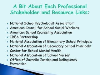  National School Psychologist Association:
 American Council for School Social Workers
 American School Counseling Association
 IDEA Partnership
 National Association of Elementary School Principals
 National Association of Secondary School Principals
 Center for School Mental Health
 National Association of School Nurses
 Office of Juvenile Justice and Delinquency
Prevention
 