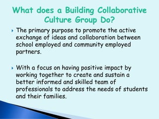  The primary purpose to promote the active
exchange of ideas and collaboration between
school employed and community employed
partners.
 With a focus on having positive impact by
working together to create and sustain a
better informed and skilled team of
professionals to address the needs of students
and their families.
 
