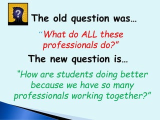 “What do ALL these
professionals do?”
The new question is…
“How are students doing better
because we have so many
professionals working together?”
 