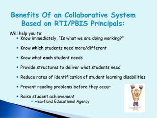 Will help you to:
 Know immediately, “Is what we are doing working?”
 Know which students need more/different
 Know what each student needs
 Provide structures to deliver what students need
 Reduce rates of identification of student learning disabilities
 Prevent reading problems before they occur
 Raise student achievement
 Heartland Educational Agency
 