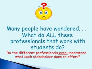 Many people have wondered. . .
What do ALL these
professionals that work with
students do?
Do the different professionals even understand
what each stakeholder does or offers?
 