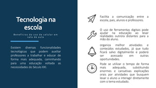 Facilita a comunicação entre a
escola, pais, alunos e professores.
O uso de ferramentas digitais pode
ajudar na educação ao levar
realidades outrora distantes para a
mão do aluno.
organiza melhor atividades e
conteúdos estudados, já que tudo
ficará salvo digitalmente e poderá
ser acessado em outras
oportunidades.
Pode se utilizar o tempo de forma
mais adequada, substituindo
enormes e cansativas explicações
orais por atividades que busquem
levar o aluno a interagir diretamente
com o tema estudado.
Tecnologiana
escola
B e n e f í c i o s d o u s o d e c e l u l a r e m
s a l a d e a u l a
Existem diversas funcionalidades
tecnológicas que podem auxiliar
professores a trabalhar e educar de
forma mais adequada, caminhando
para uma educação voltada as
necessidades do Século XXI.
 