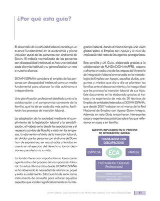 11DOWN ESPAÑA. GUÍA DE EMPLEO CON APOYO PARA FAMILIAS CON HIJOS TRABAJADORES
El desarrollo de la actividad laboral constituye un
avance fundamental en la autonomía y plena
inclusión social de las personas con síndrome de
Down. El trabajo normalizado de las personas
con discapacidad intelectual es hoy una realidad
cada día más habitual y su generalización un reto
a nuestro alcance.
DOWN ESPAÑA considera el empleo de las per-
sonas con discapacidad intelectual como un medio
fundamental para alcanzar la vida autónoma e
independiente.
Una planificación profesional detallada junto a la
colaboración y el compromiso constante de la
familia, que ha de ser cada día más activo, facili-
tarán los procesos de inserción laboral.
La adaptación de la sociedad mediante el cum-
plimiento de la legislación laboral y la sensibili-
zación, el trabajo serio desde las asociaciones y el
necesario cambio de filosofía y visión en las empre-
sas, fundamentan el éxito de la inserción laboral,
sin olvidar que las personas con síndrome de Down
han de expresarse, ser escuchadas y tenidas en
cuenta en el ejercicio del derecho a tomar deci-
siones que afectan a su vida.
La familia tiene una importantísima tarea como
agente activo del proceso de incorporación labo-
ral. En estos últimos años desde DOWN ESPAÑA
se ha observado la necesidad de reforzar su papel
y evitar su aislamiento. Esta Guía ha de servir como
instrumento de consulta para aclarar aquellos
aspectos que inciden significativamente en la inte-
gración laboral, dando al mismo tiempo una visión
global sobre el Empleo con Apoyo y el nivel de
implicación del resto de los agentes protagonistas.
Esta sencilla y útil Guía, elaborada gracias a la
colaboración de FUNDACIÓN MAPFRE, expone
y afronta en cada una de las etapas del itinerario
de integración laboral enmarcado en la metodo-
logía de Empleo con Apoyo, aquellas dudas, pre-
guntas y miedos que día a día se plantean las
familias ante el desconocimiento y la inseguridad
que les provoca la inserción laboral de sus hijos.
Este documento se ha elaborado gracias al tra-
bajo y la experiencia de más de 30 técnicos de
Empleo de entidades federadas a DOWN ESPAÑA,
que desde 2007 trabajan en el marco de la Red
Nacional de Empleo con Apoyo-Down Integra.
Además en esta Guía encontraran interesantes
casos y experiencias prácticas sobre los que refle-
xionar en casa y en familia.
¿Por qué esta guía?
ECA
TRABAJADOR CON
DISCAPACIDAD
AGENTES IMPLICADOS EN EL PROCESO
DE INTEGRACIÓN LABORAL
PREPARADOR LABORAL
(Profesionales)
OTROS AGENTES
(Entidades Promotoras, Administración,
Agentes Sociales)
FAMILIAEMPRESA
 